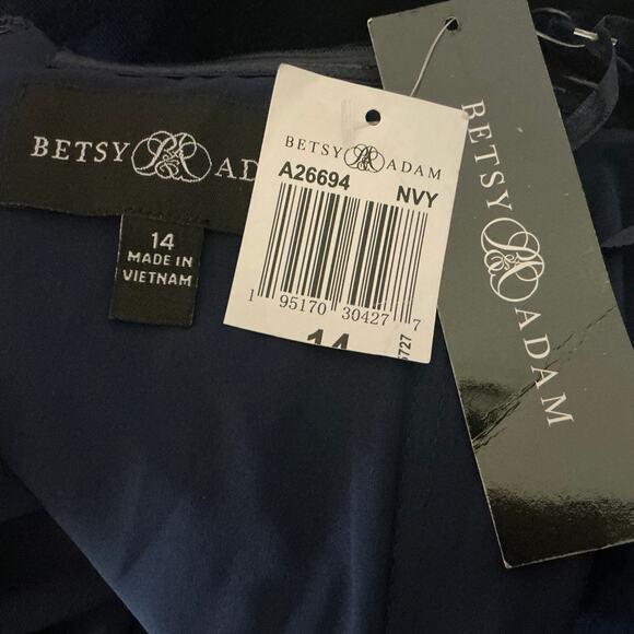 Betsy & Adam Velvet Flower Bodice Midi Sheath Cocktail Dress Navy Blue Size 14 - Picture 9 of 12